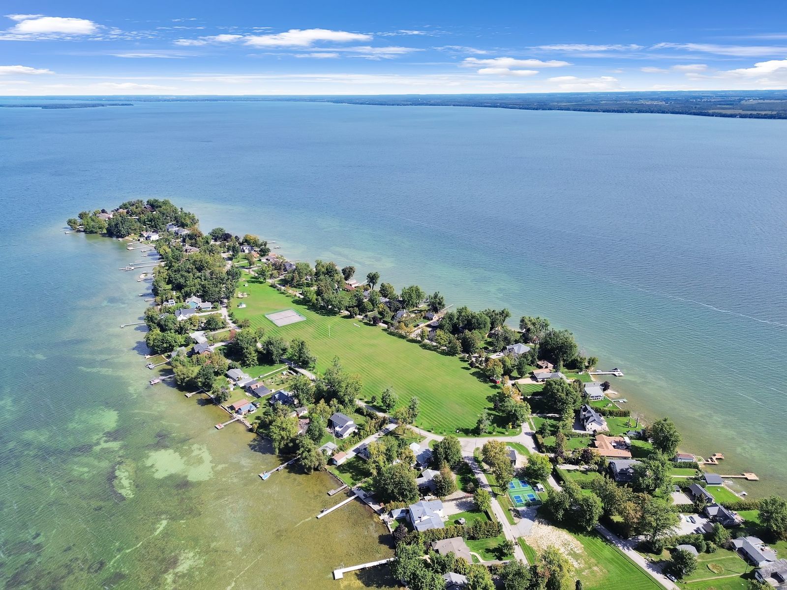 Drone aerial of a lakefront point on Lake Simcoe, York Region real estate drone photography
