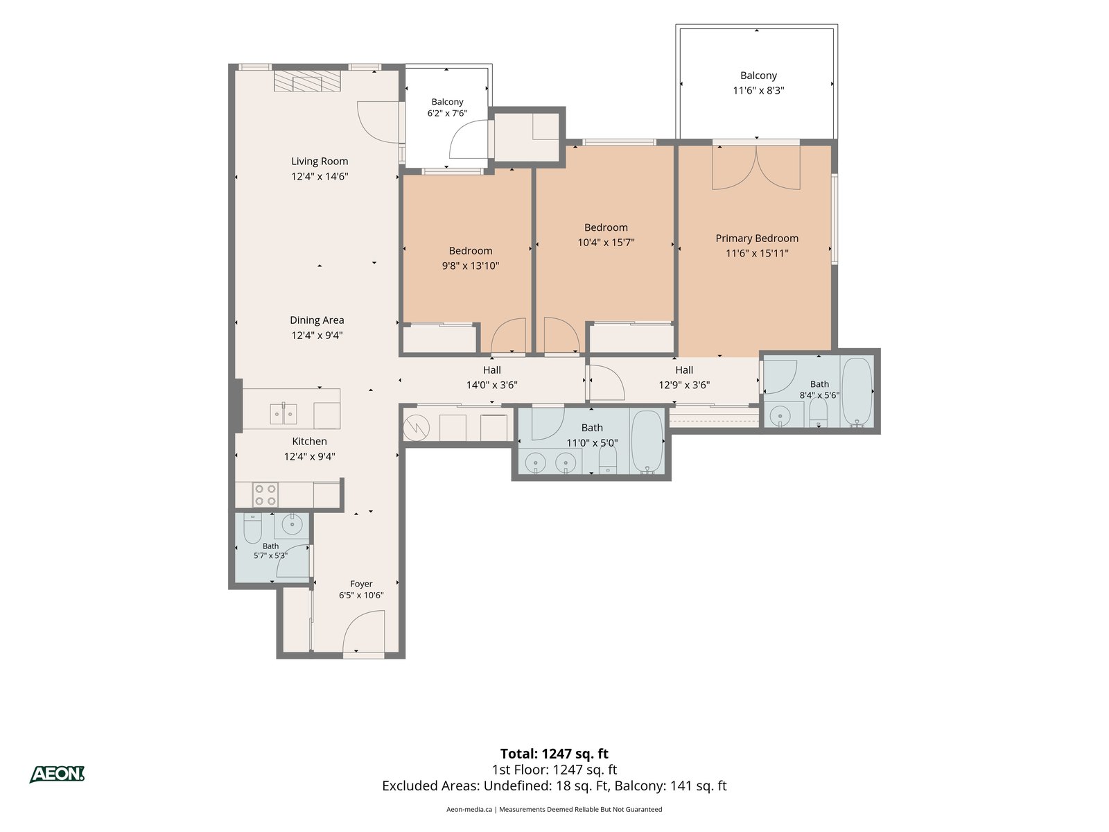 Two-bedroom condo floor plan with room dimensions and balcony, Collingwood