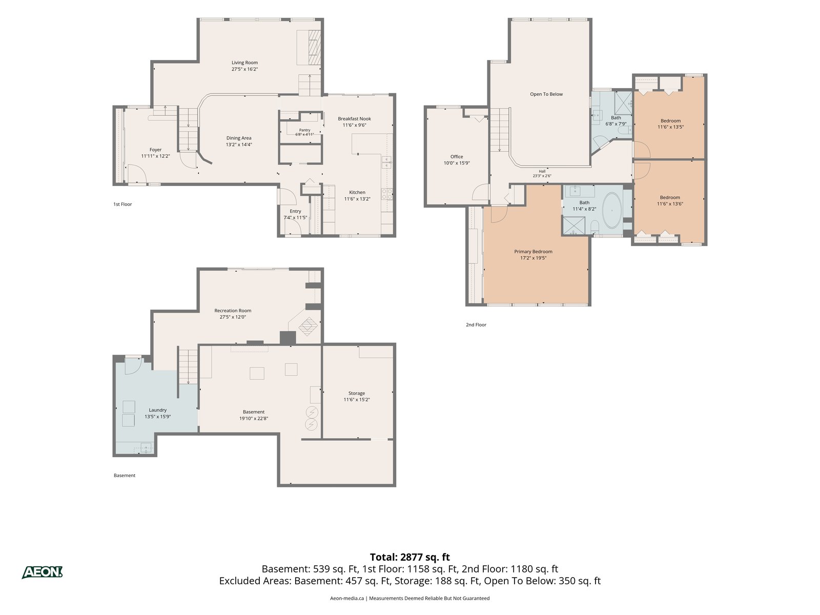 Large country property floor plan across three levels with total finished area, Mono
