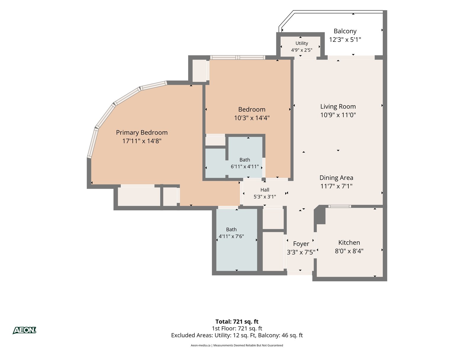 Condo floor plan with primary bedroom, balcony and room dimensions, North York