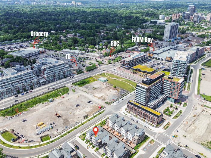 Drone aerial photography with neighbourhood labels York Region