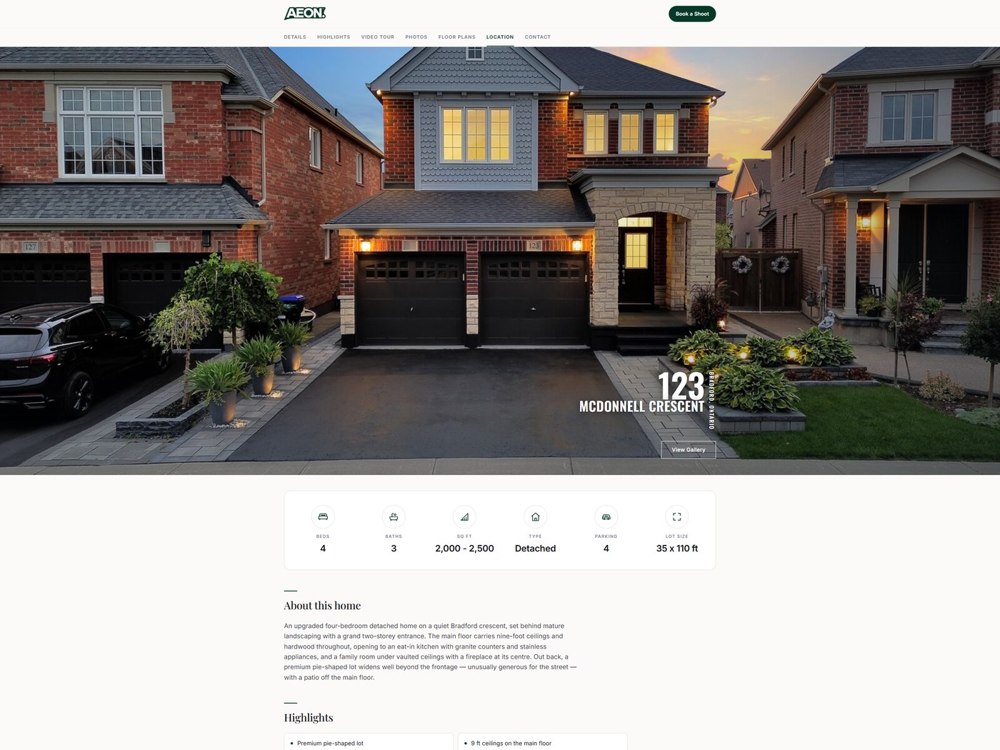 A single-listing property website built by AEON Media, showing the listing hero and property details