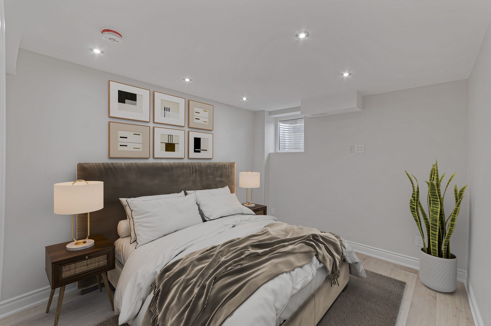 The same basement bedroom after virtual staging — furniture and decor added