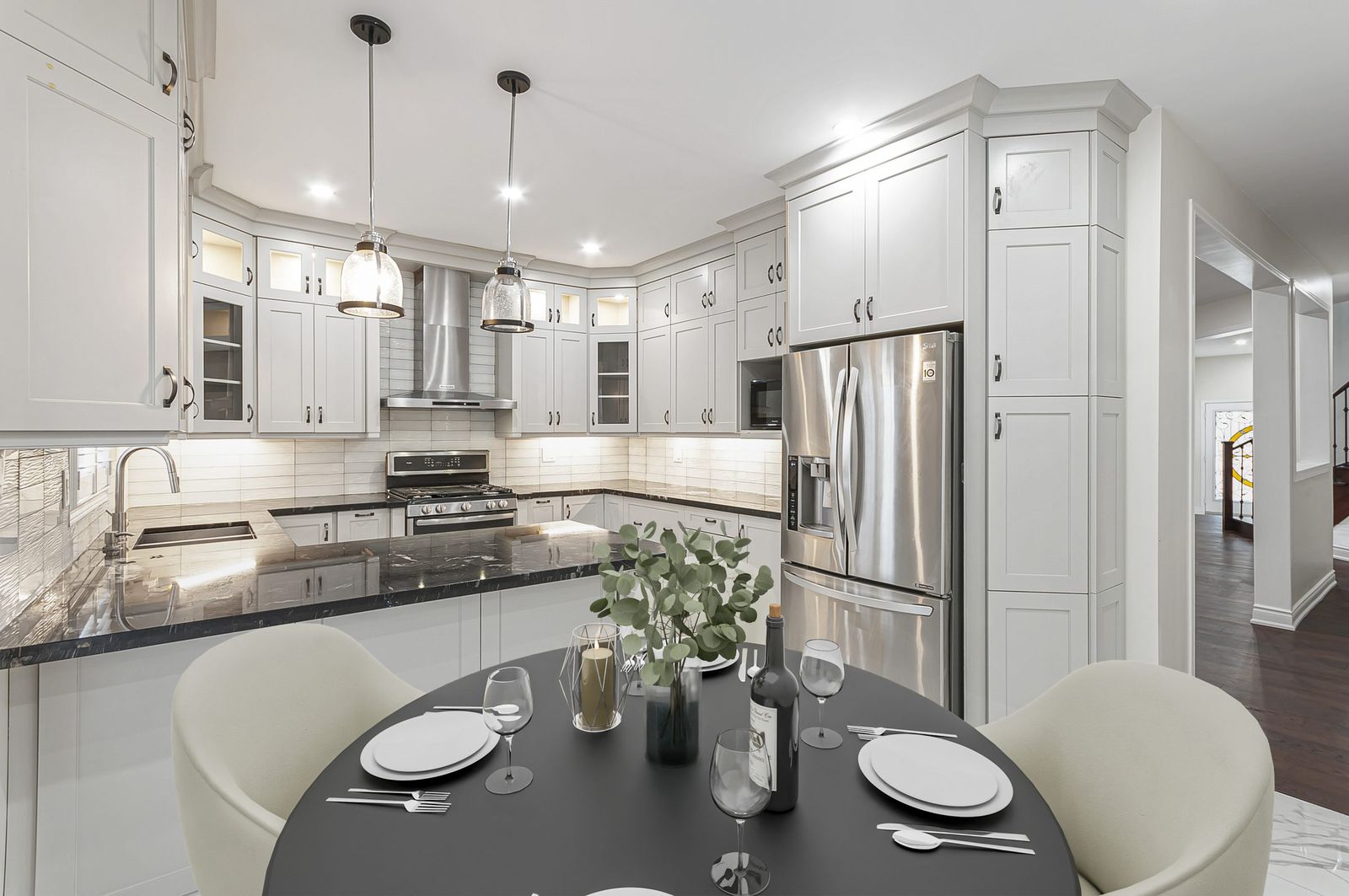 The same kitchen dining after virtual staging — furniture and decor added