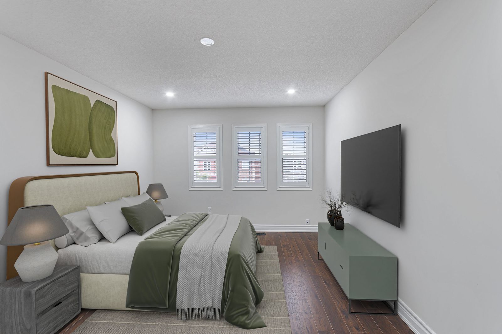The same bedroom with media wall after virtual staging — furniture and decor added