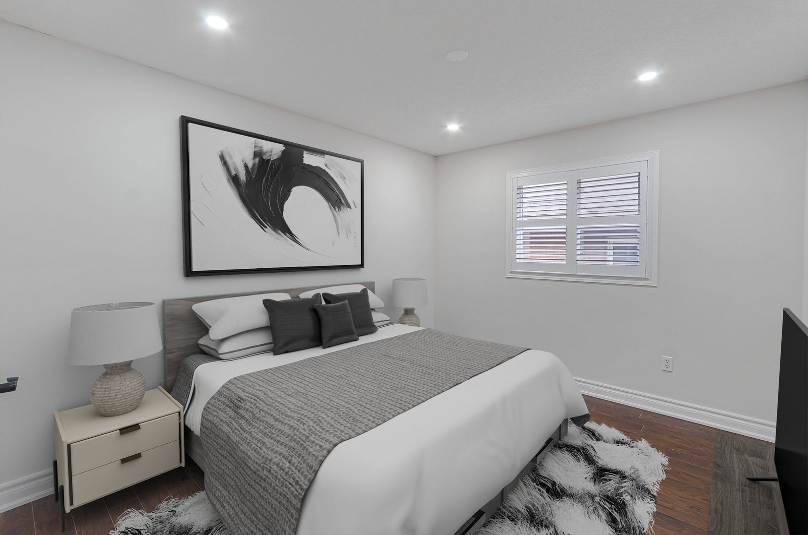 The same guest bedroom after virtual staging — furniture and decor added