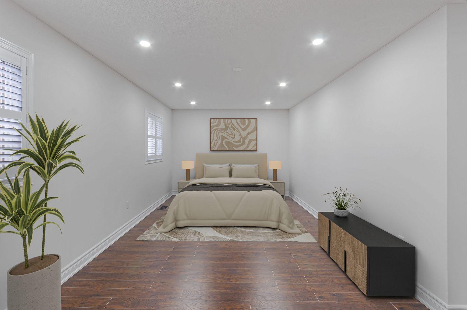 The same lower-level bedroom after virtual staging — furniture and decor added