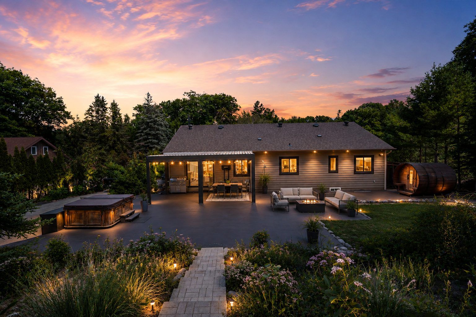 Day-to-dusk conversion of a modern bungalow with pool