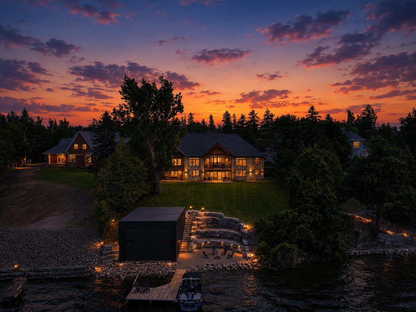 Day-to-dusk conversion of a waterfront property at night